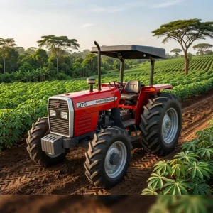DRC-Agriculture | Tractors PK Red Massey Ferguson 375 tractor parked on a dirt path in a lush green crop field.