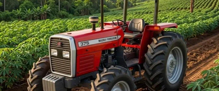 Fuel-Efficient Tractors for DRC Agriculture Red Massey Ferguson 375 tractor parked on a dirt path in a lush green crop field.